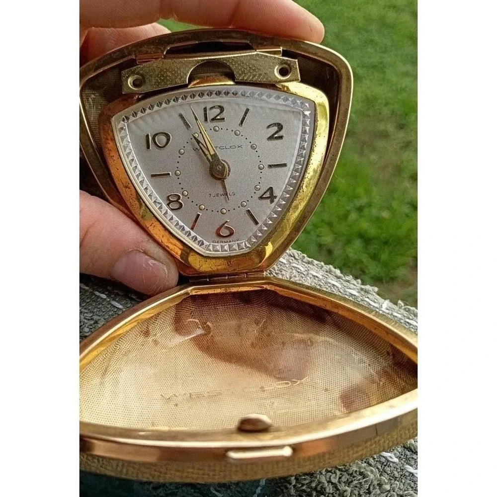 Vintage Westclox 7 Jewels Travel Alarm Clock Germany Gold Case Shield Working